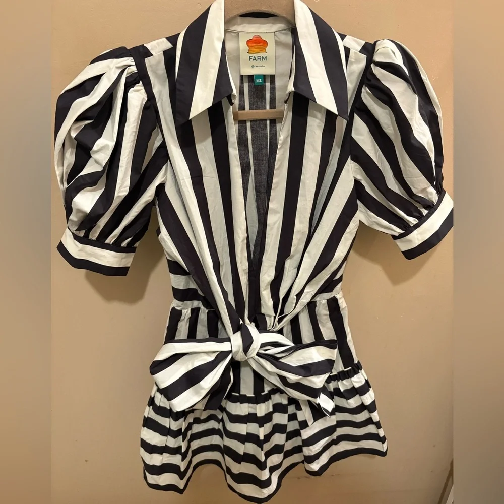 NWOT FARM Rio Mixed Stripes Black & White Short Sleeve Mini Dress Women’s XXS - Picture 6 of 16